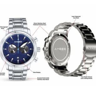 Amber Time Men's Quartz Chronograph Watch Stainless Steel Band 50m