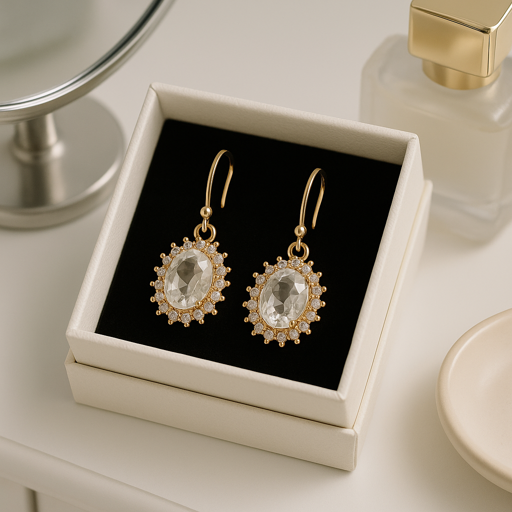 Elegant Bridal Earrings, Oval Crystal & Cubic Zirconia